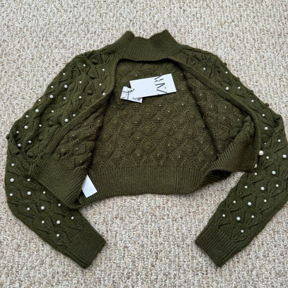 Zara Green Open Back Knit Sweater w/ Pearl Small Holiday Elegant Fun - Picture 11 of 14